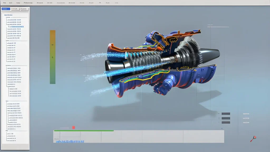 CAD Software showing the design of an industrial, sustainable green energy turbine/engine in 3D with an efficient eco-motor prototype visualization.