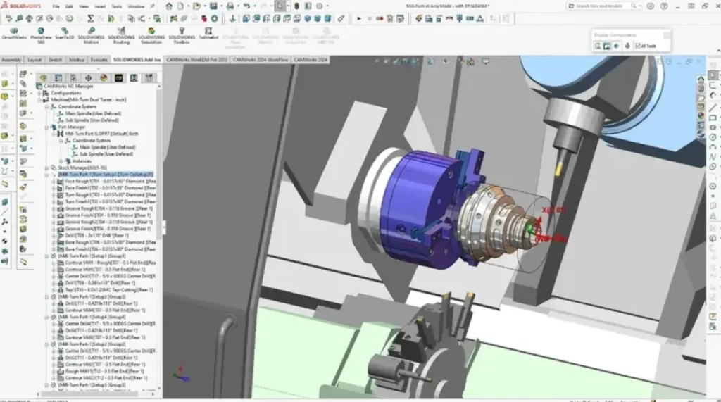 SolidWorks CAMWorks interface showing mill-turn toolpath setup with dual-turret NC operation tree and 3D workpiece simulation.
