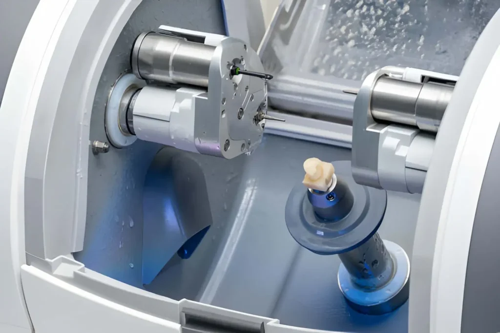 Image of a digital dental laboratory featuring a CAD/CAM machine, illustrating computer-aided milling of dental prostheses and crowns for precise, custom dental restorations.