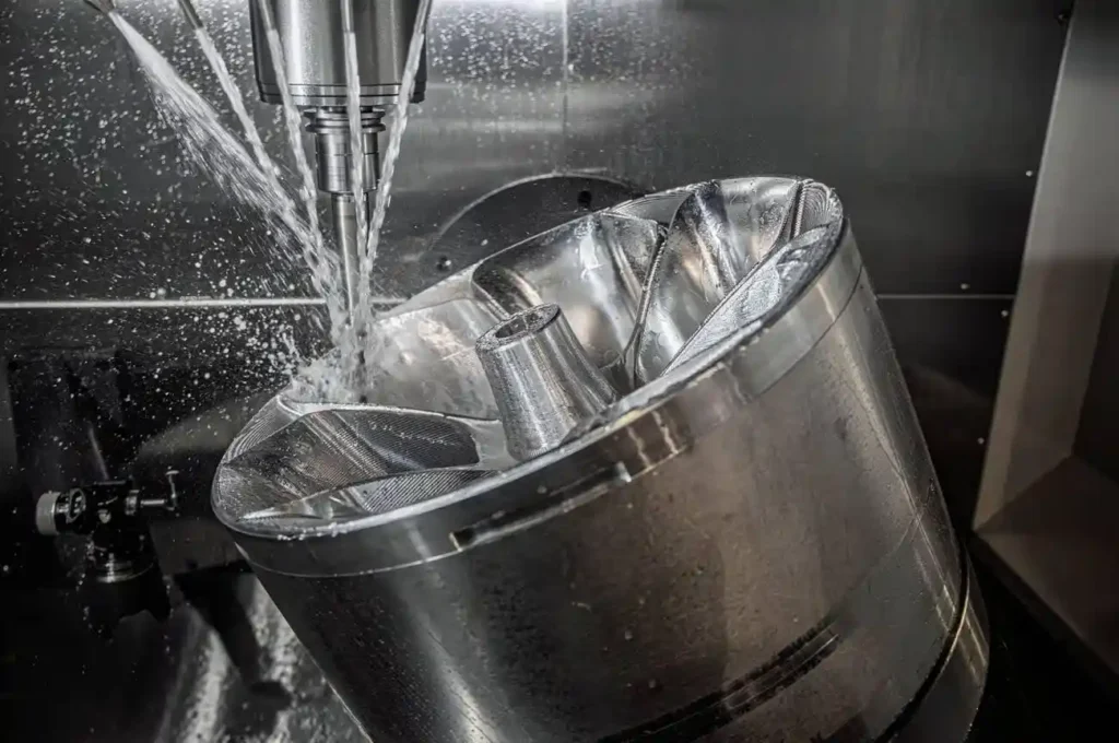The image shows a CNC milling machine machining a metal impeller while a coolant spray is applied during the cutting process.
