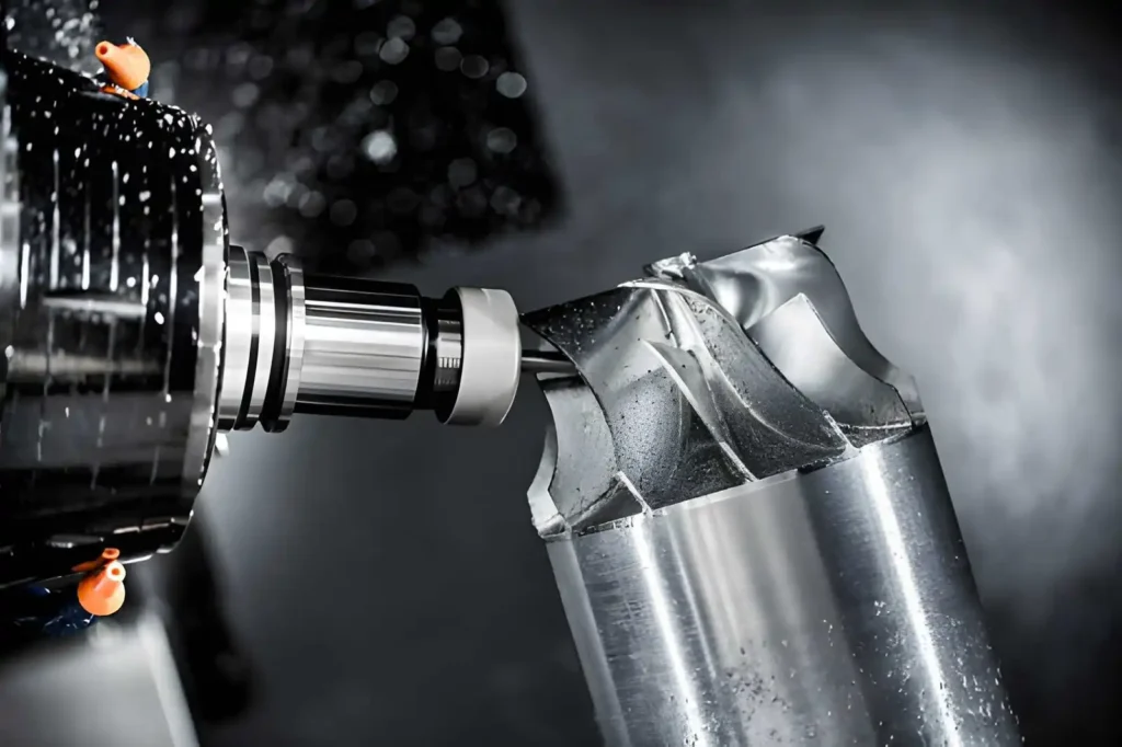 The image shows a CNC milling machine machining a complex titanium component intended for aerospace use. 