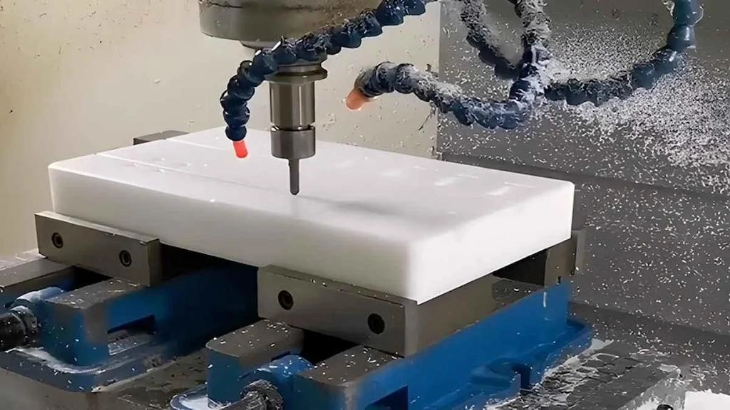 A close-up view of milling a Delrin workpiece
