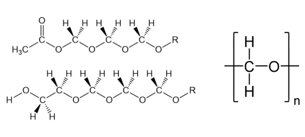Chemical structure diagrams of acetal copolymer (left) and Delrin homopolymer repeating unit (right) showing CH₂-O polymer chains.   