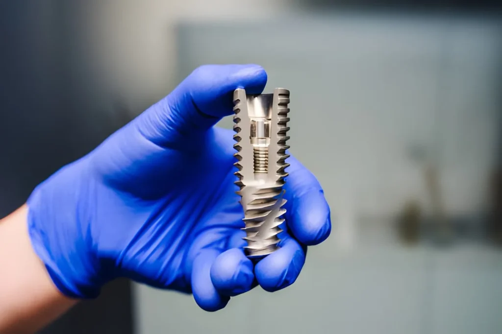  Image of a dentist holding a dental implant model, showing the precision-machined implant component used in dental implantation and surgical tooth replacement procedures