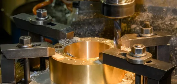 CNC milling on a bronze cylinder held in the fixtures.