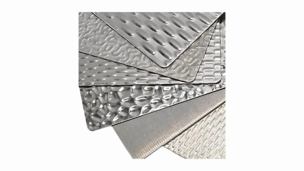  The image shows an embossed stainless steel sheet with various surface patterns. 