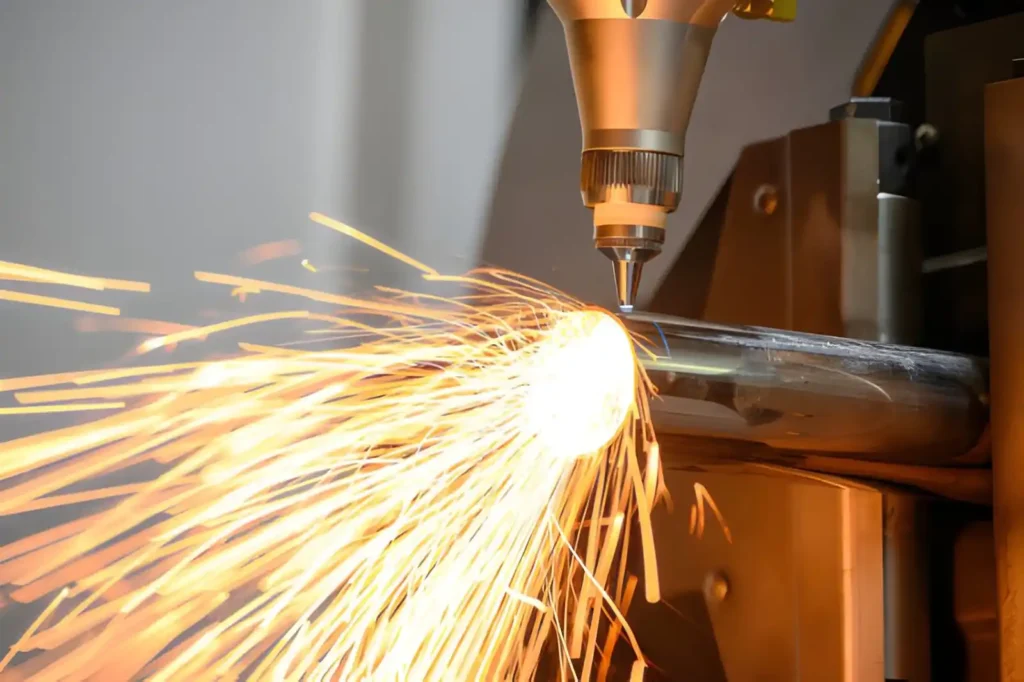 Fiber laser cutting a stainless steel tube with visible sparks.