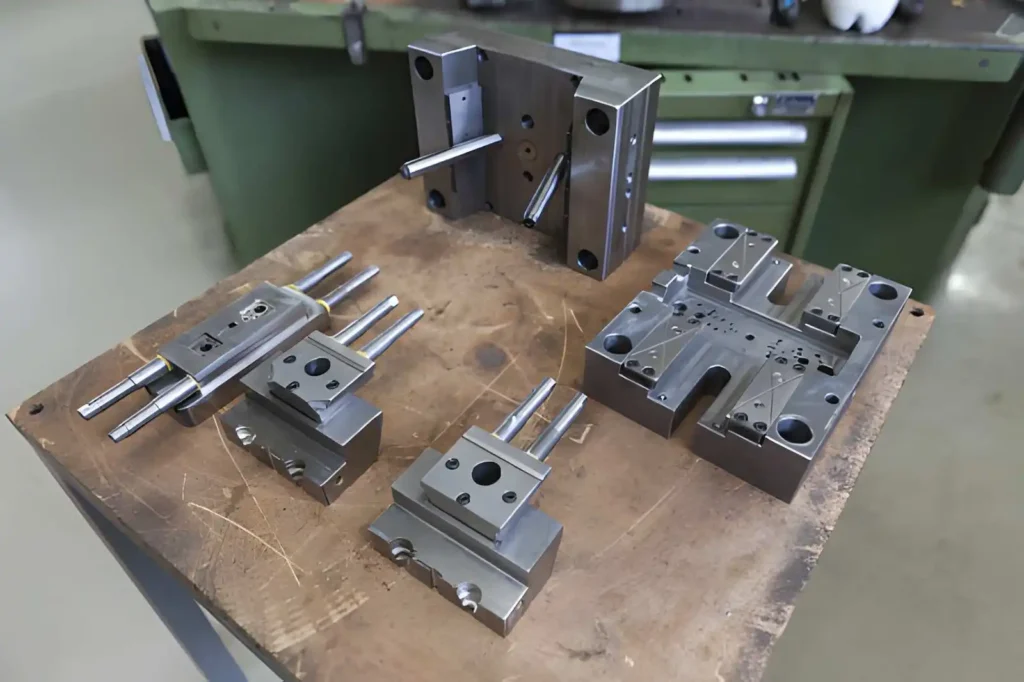 Small metal mold used for low-volume production of plastic parts. It is designed for limited runs, prototypes, or short production cycles.