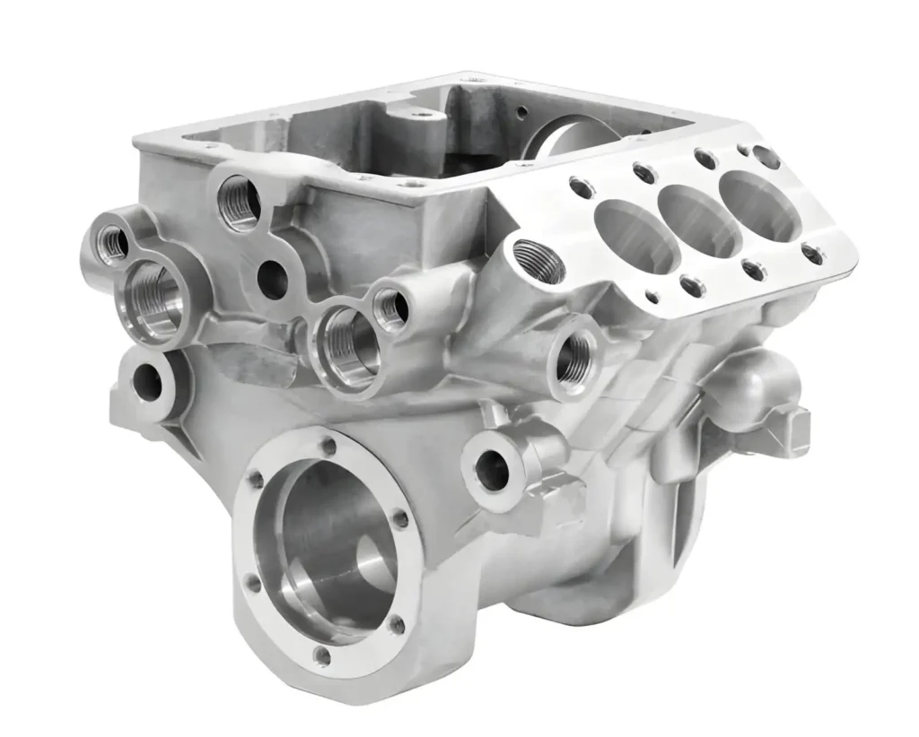  The image shows a machined engine or compressor cylinder block displayed on a white background. 
