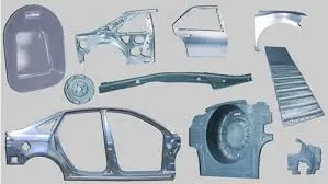  Various stamped metal car body parts and structural panels are displayed separately.