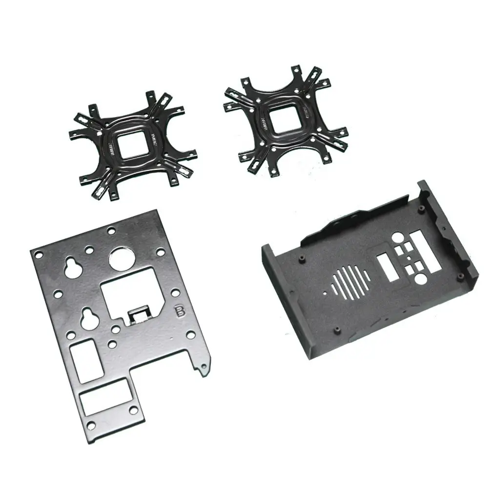 Black stamped metal brackets and panels displayed on a white background.
