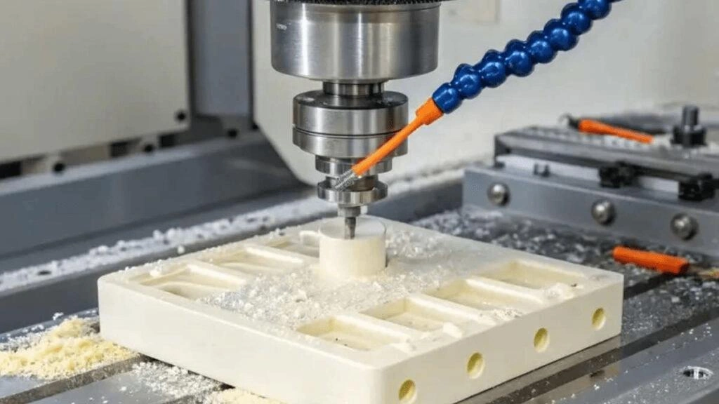 A close-up view of the nylon drilling process in a vertical CNC milling center