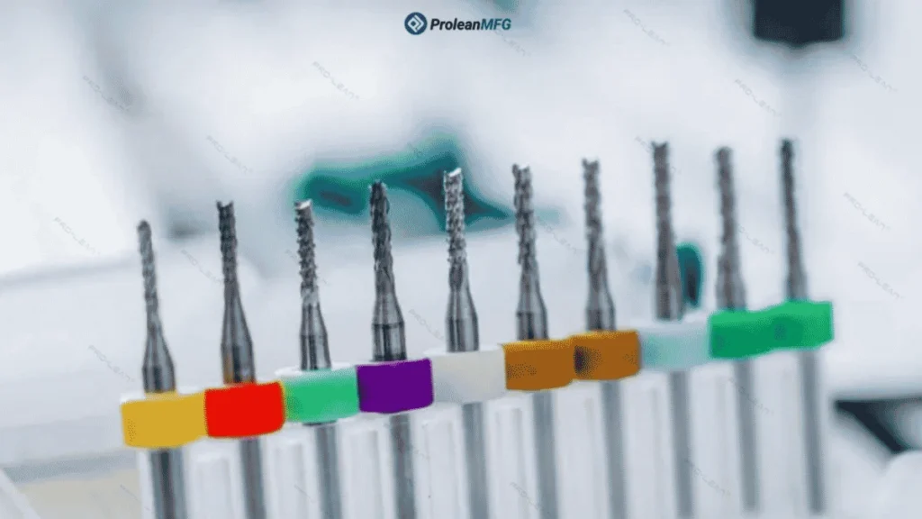 A close-up view of different Nylon machining tools, including end mills, O-flute cutters, and carbide twist drills