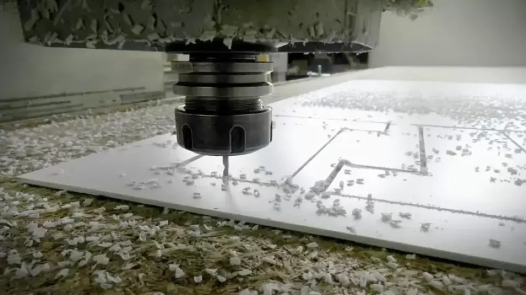 PVC machining using a CNC router spindle, cutting grooves into a white PVC sheet, surrounded by white plastic chips and shavings
