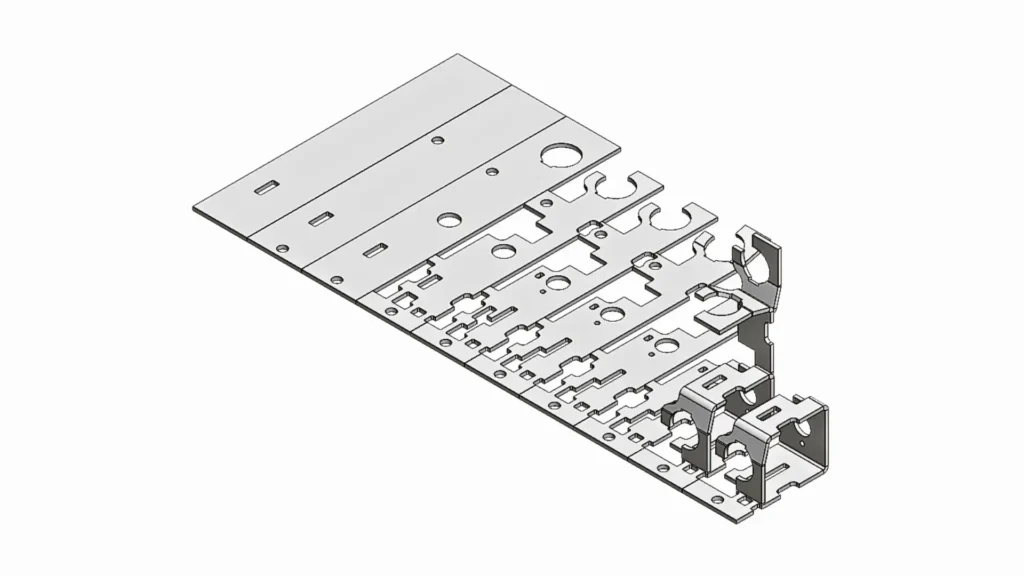 Illustration of progressive die stamping process with multiple forming stages