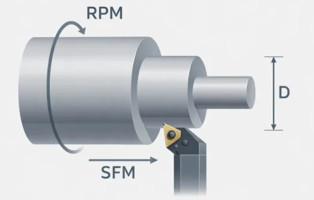 Turning diagram contrasting RPM (rotational speed) and SFM (linear surface speed) on a lathe workpiece with diameter D and carbide insert tool.
