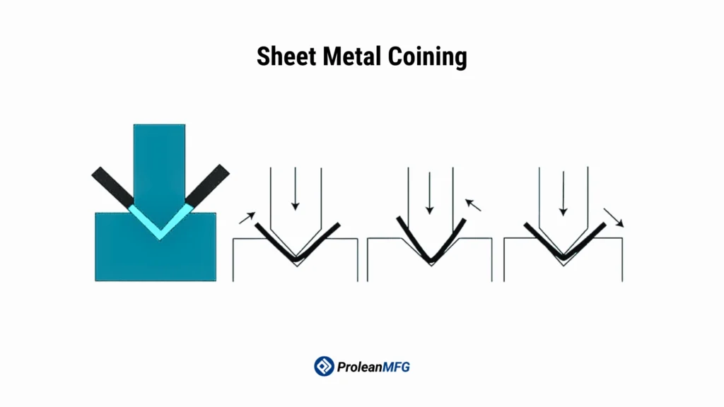 Illustration of the sheet metal coining process with a punch and a die 