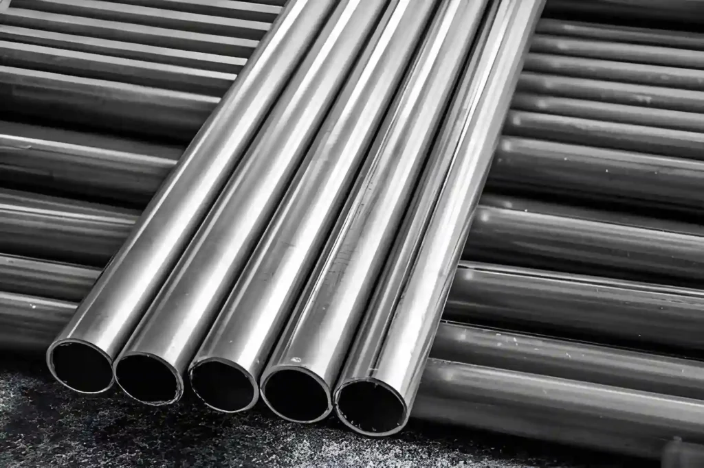 A close-up of precisely stacked stainless steel pipes.