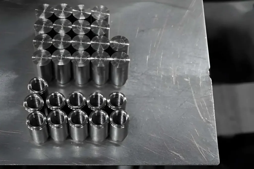 The image shows a group of metal threaded rivets after milling. The rivets have smooth, machined surfaces and precise threading. 