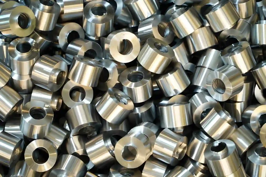 High-precision steel automotive parts produced by CNC machining with a shiny nickel plating.