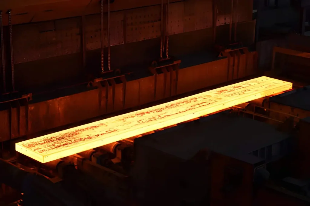 The image shows the steel normalizing process used in heat treatment. The steel is heated to a high temperature and then cooled in air to refine the grain structure.