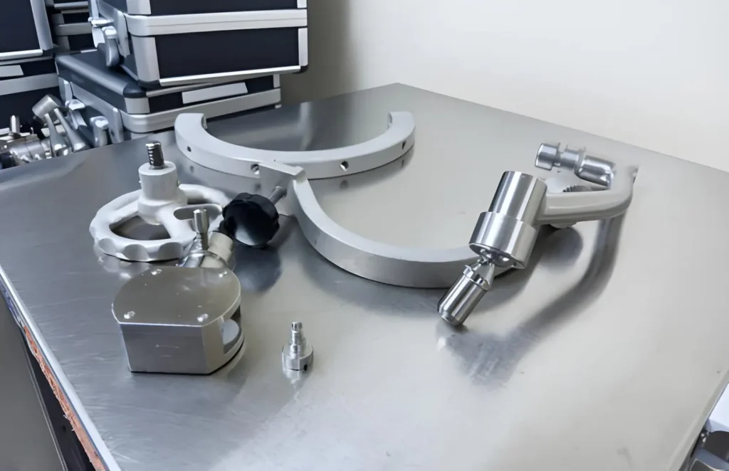 Close-up image of metal surgical tools such as scalpels, clamps, and forceps on a sterile surface.
