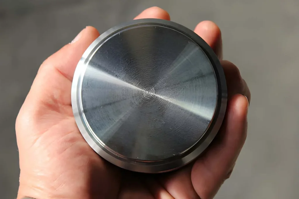 Person holding a machined cylindrical titanium part.