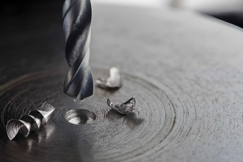 Metal drill bit machining holes in a titanium billet on an industrial drilling machine