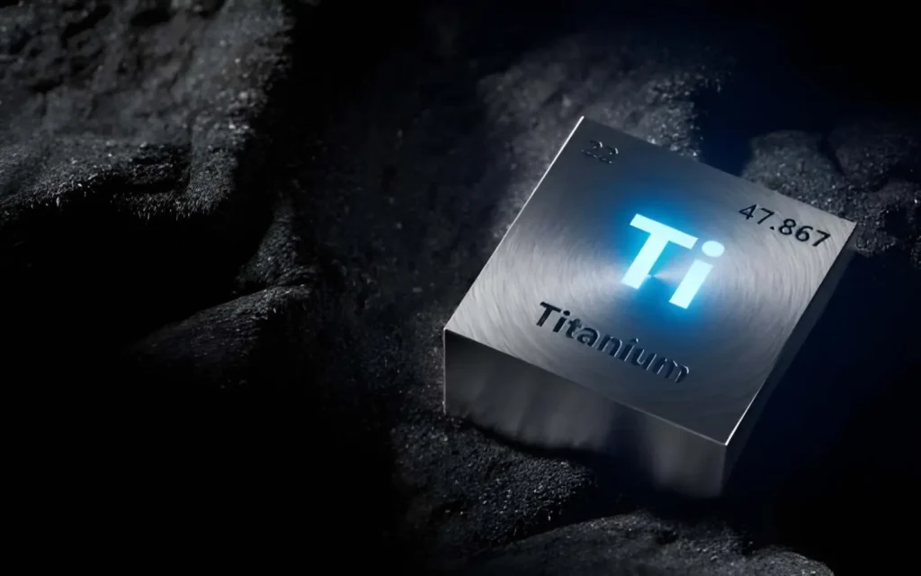 The image shows a block of titanium metal displaying its atomic number and chemical symbol.