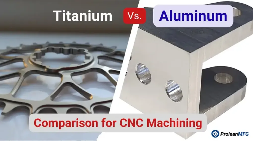 CNC-machined titanium sprocket beside aluminum bracket with drilled holes, overlaid with text "Titanium Vs. Aluminum Comparison for CNC Machining"