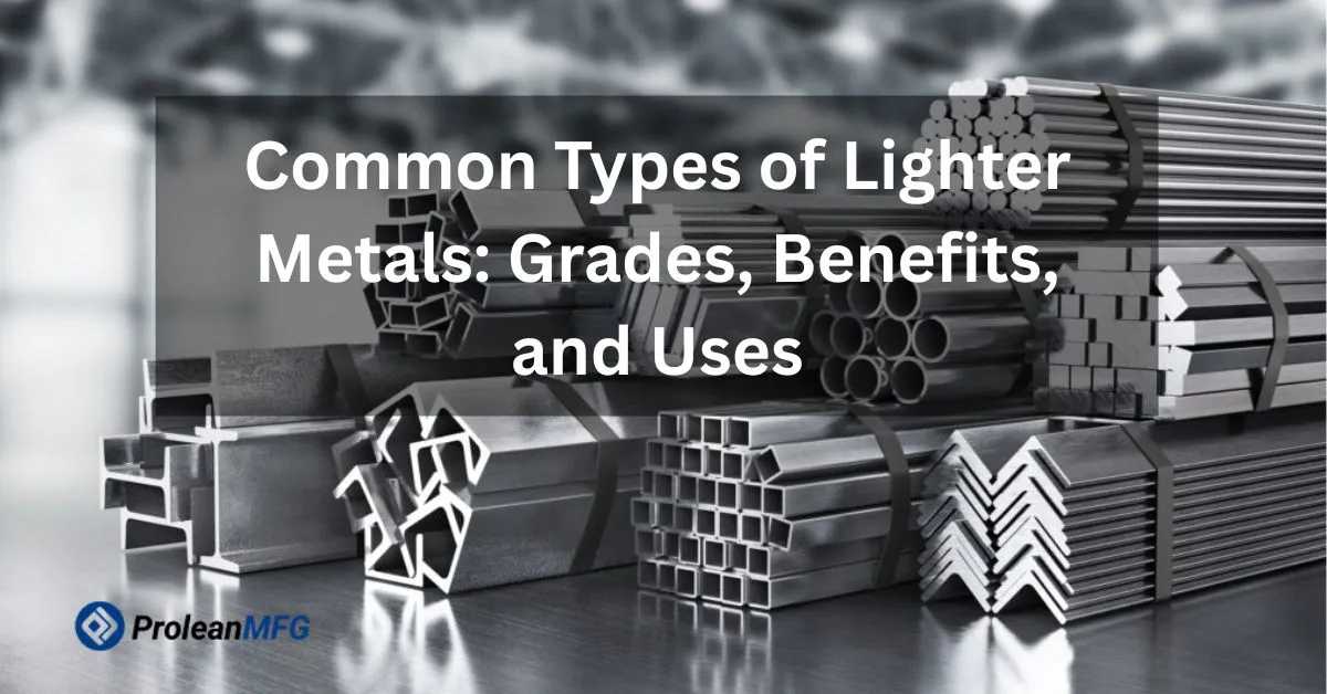 Featured image of blog with overlay text “Common Types of Lighter Metals: Grades, Benefits, and Uses” and Prolean MFG logo