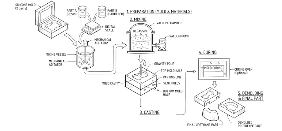Black-and-white technical sketch illustrating the 5-step urethane casting workflow