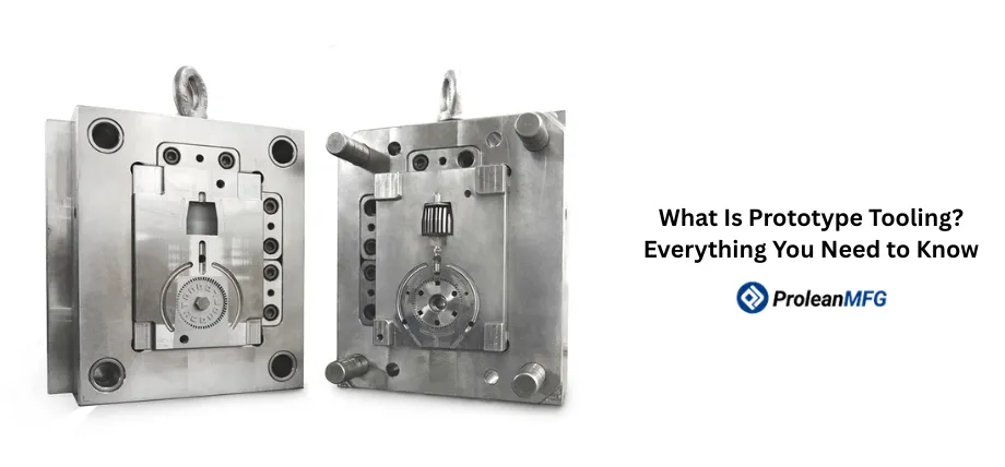Two matching steel injection molding plates with guide pins standing upright next to text reading "What Is Prototype Tooling?"