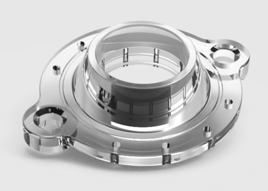 CNC-machined clear acrylic precision flange part with central bore and mounting holes.
