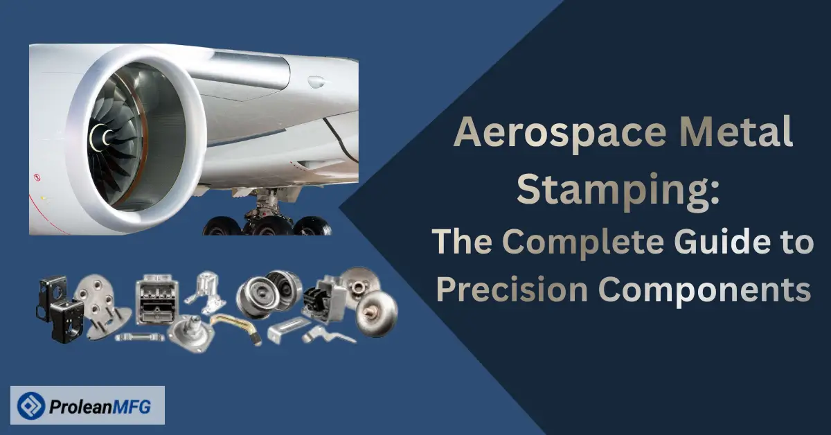 Close-up of an aircraft engine alongside precision metal aerospace parts on a blue background.
