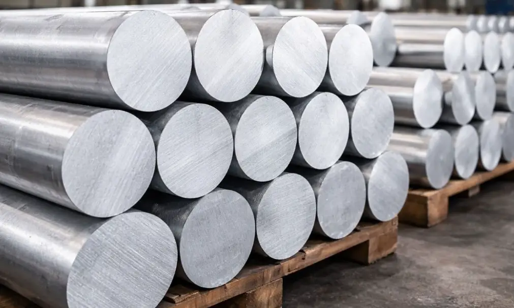 Stacked polished aluminum round billets on wooden pallets in a warehouse