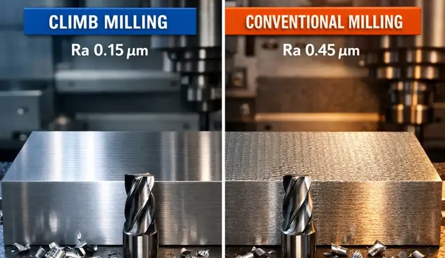 Side-by-side photo of “Climb vs Conventional Millimg” comparison showing climb milling (Ra 0.15 µm) versus conventional milling (Ra 0.45 µm) surface finish quality on machined metal workpieces.
