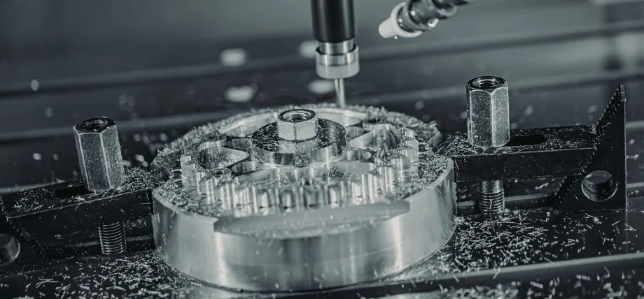 Close-up of a CNC milling machine spindle and cutting tool machining a circular metal workpiece covered in sharp aluminum chips.