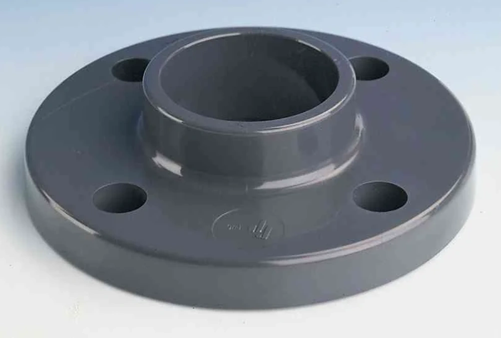 Grey-coated PVC pipe flange with a smooth finish, raised central hub, and four drilled bolt holes around the rim