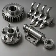 Assorted CNC-machined metal parts, including a gear, hubs, and mounting brackets, on a gray background