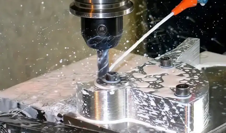CNC end mill cutting a metal workpiece with coolant fluid applied directly to the cutting zone.