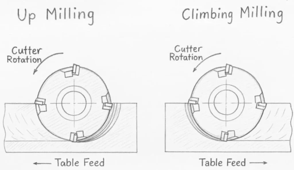 Hand-drawn sketch comparing up milling and climb milling cutter rotation direction versus opposing table feed directions.