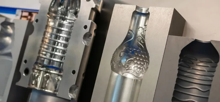 Precision-machined steel mold halves showing complex bottle-shaped cavities for high-volume production.