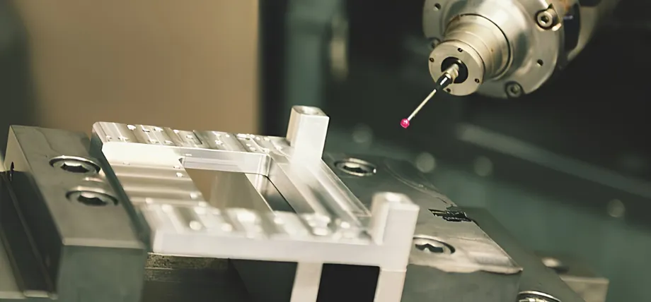 Close-up of a high-precision CNC machine probe with a ruby tip measuring a machined aluminum part held in a vise.