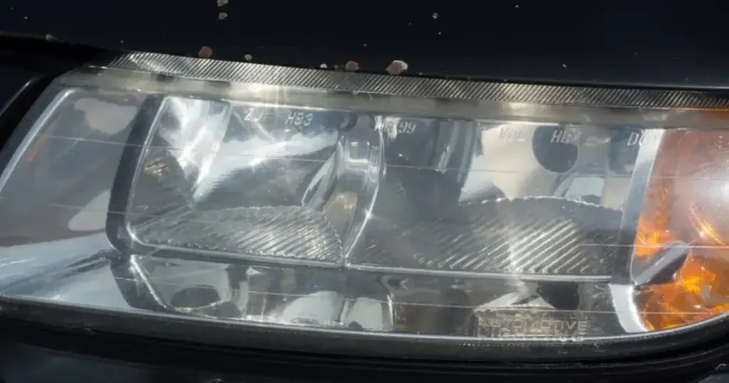 Close-up of a clear polycarbonate automotive headlight lens with segmented reflector housing.