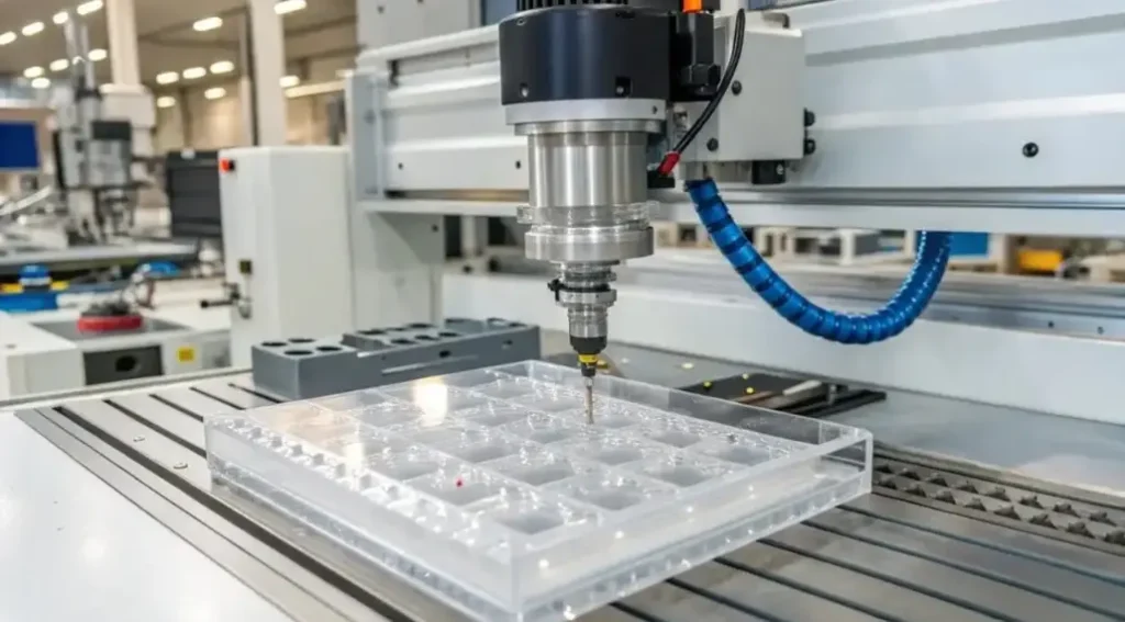 CNC polycarbonate milling; a machine cutting a grid-pocketed clear polycarbonate part in an industrial workshop.