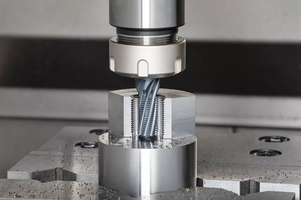 Thread mill cutter secured in a rigid toolholder, milling external threads on a metal workpiece