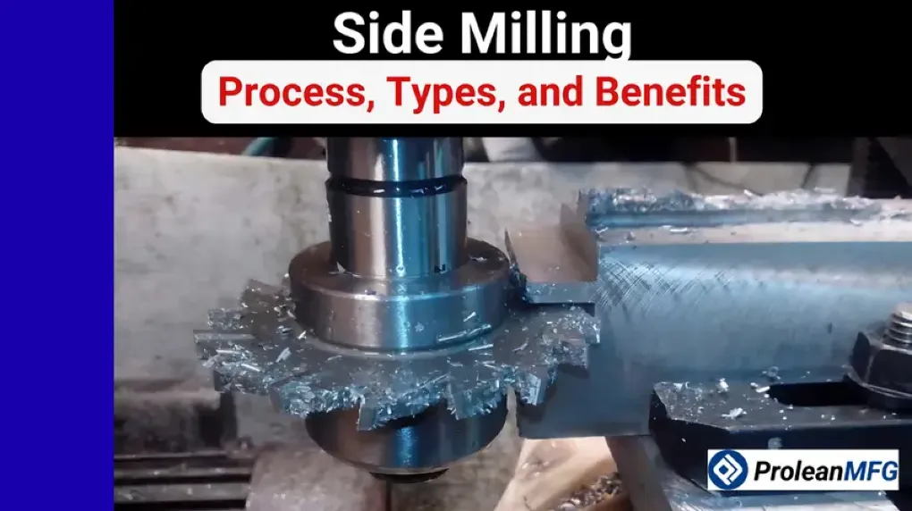 Side milling cutter engaging a metal workpiece, with text overlay reading "Side Milling – Process, Types, and Benefits."