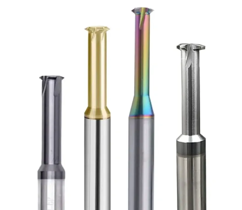 Four single-profile thread mill cutters with various coatings — grey, gold, rainbow, and uncoated — on cylindrical shanks