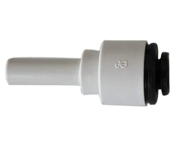 Smooth white acetal cylindrical fitting with a black rubber seal on one end.